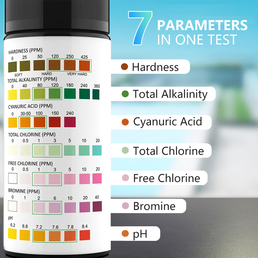 HASTHIP 100 Counts Swimming Pool Water Quality Test Strips Multi Use Water Quality Test Strips for PH, Hardness, Total Alkalinity, Total Chlorine, Bromine, Cyanuric Acid HASTHIP 100 Counts Swimming Pool Water Quality Test Strips Multi Use Water Quality Test Strips for PH, Hardness, Total Alkalinity, Total Chlorine, Bromine, Cyanuric Acid